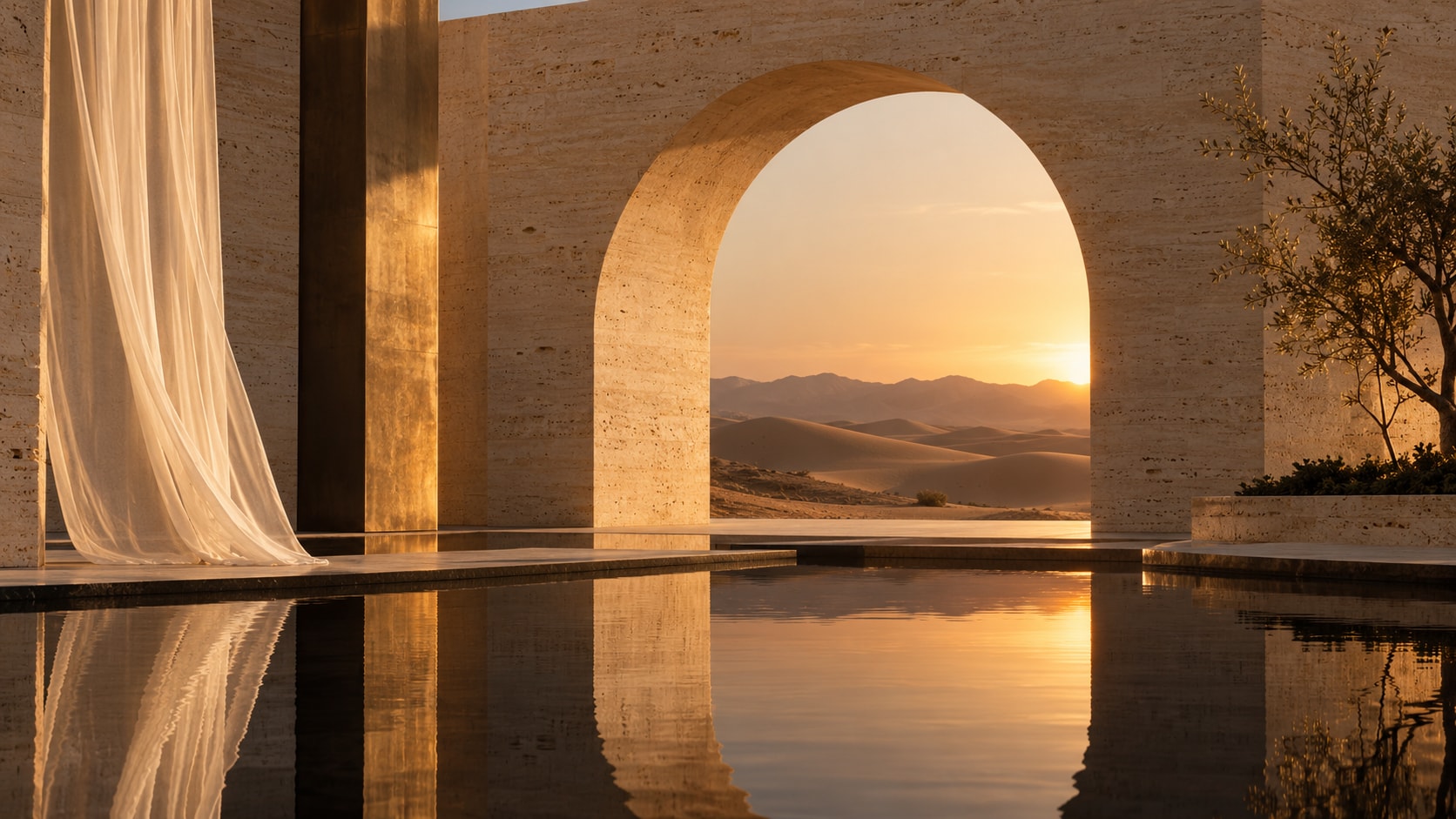 Visual concept of a stone arch and a pool reflecting sunset light