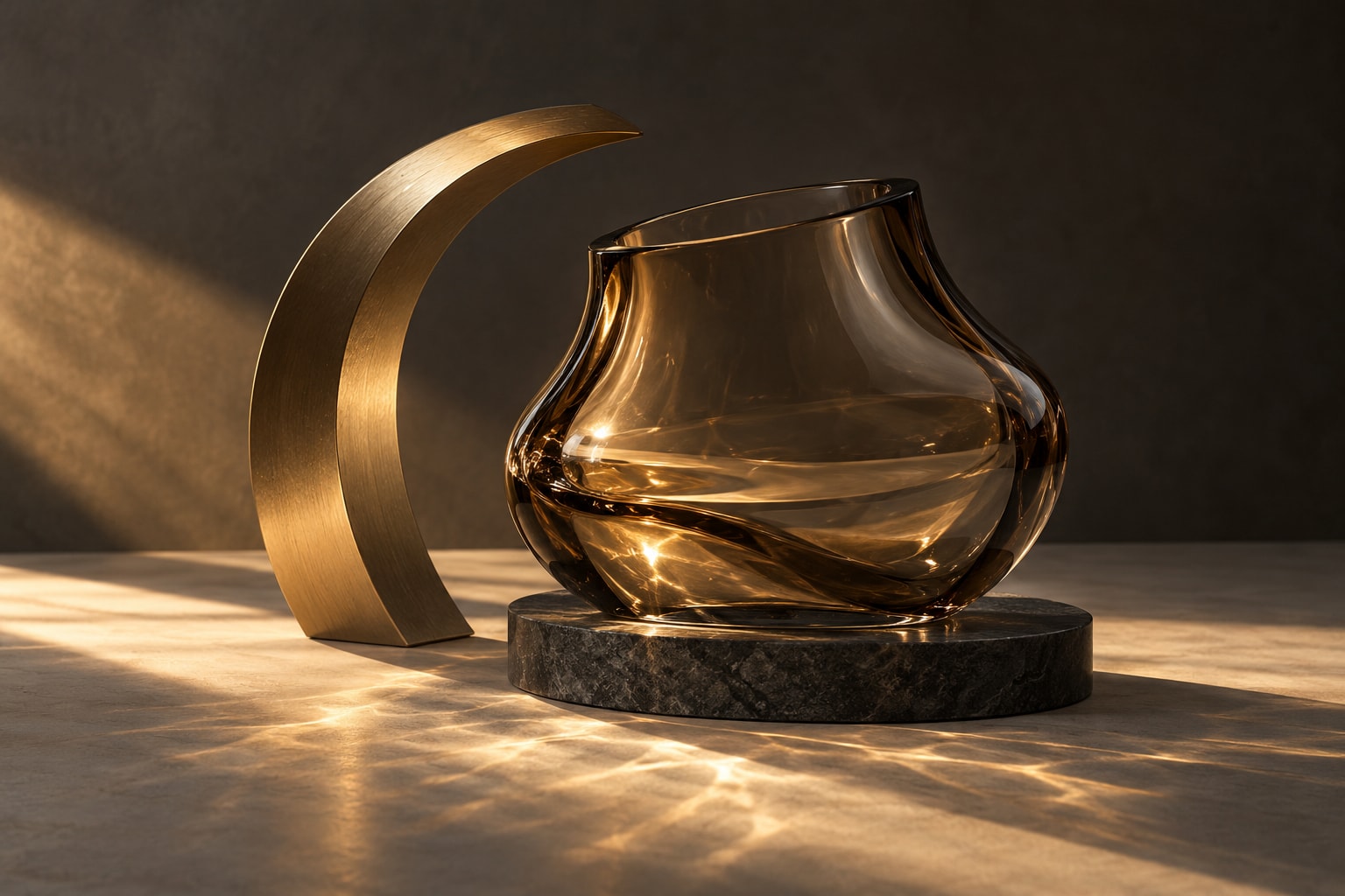 Visual concept: smoky glass, brushed brass and dark stone in warm light